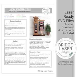 May include: A digital instruction sheet for laser cut SVG files by Bridge Laser Designs. It features text, a photo of a wooden sign display with the text 'HOME is where my BOOKS are' and 'JUST ONE MORE CHAPTER', and assembly guidelines.