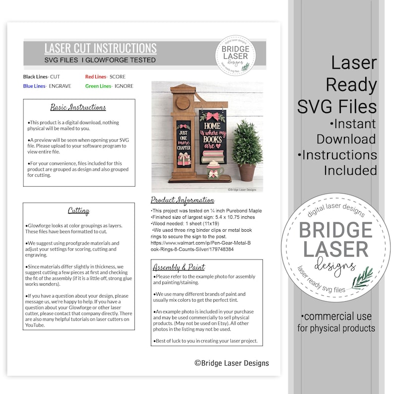 May include: A digital instruction sheet for laser cut SVG files by Bridge Laser Designs. It features text, a photo of a wooden sign display with the text 'HOME is where my BOOKS are' and 'JUST ONE MORE CHAPTER', and assembly guidelines.