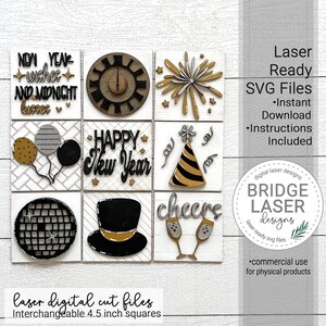 May include: A set of eight 4.5 inch square laser cut New Year's Eve designs. The designs include a clock, fireworks, balloons, a party hat, a disco ball, a top hat, champagne glasses, and the words "Happy New Year" and "Now Year wishes and midnight kisses".