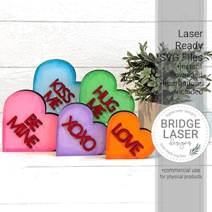 Valentine Laser Cut File, Candy Hearts Shelf Sitter Laser File, Valentine&#39;s Day Laser File SVG, Standing Hearts Laser File, Layer Hearts SVG