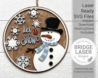 Let it Snow Door Hanger Laser Cut File, Snowman Door Round SVG, Laser Ready Door Hanger, Winter Snowflake Sign SVG,  Christmas Laser SVG