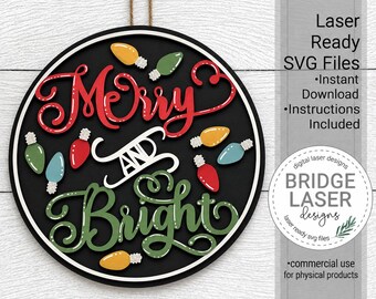 May include: A circular black wooden sign featuring the red text Merry, the white text AND, and the green text Bright. The design includes colorful Christmas light bulb cutouts in yellow, green, red, and blue, with a brown string for hanging.