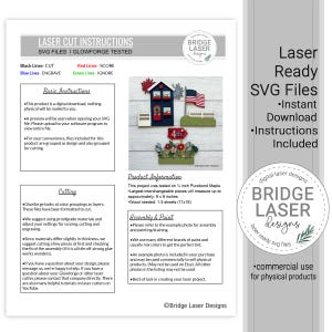 May include: A digital instruction sheet for laser cut SVG files by Bridge Laser Designs. It includes text, a color-coded guide for cutting, scoring, and engraving, and a photograph of a patriotic house-themed wooden craft project.