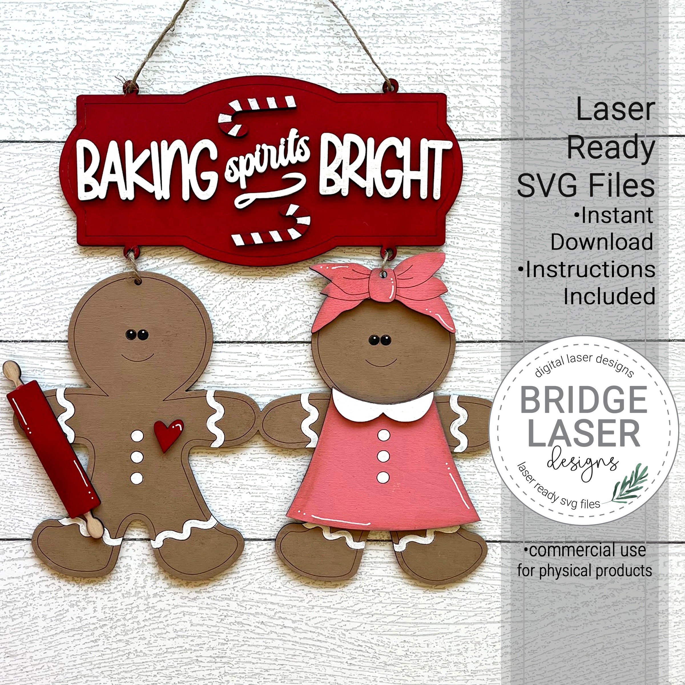 Gingerbread Laser File, Christmas Laser File SVG, Gingerbread Door Hanger Laser File, Baking Spirits Bright Laser, Christmas Laser SVG