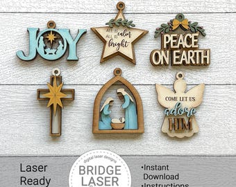 Religious Christmas Ornament Laser Cut File, Nativity, Cross, Angel & Faith Ornaments, Christian Holiday SVG Files, Christmas Ornaments SVG