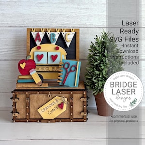 Plik SVG do wycinania laserowego „School Shelf Sitter”, wymienna skrzynia i kufer szkolny, narzędzie Glowforge xTool, dekoracja dla nauczyciela, pobieranie cyfrowe