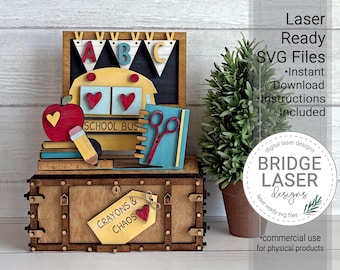 School Shelf Sitter SVG Laser Cut File, Back to School Crate & Trunk Interchangeable, Glowforge xTool, Teacher Decor, Digital Download