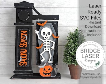 Halloween Sign Laser Cut File, Skeleton Interchangeable Post Sign, Halloween Laser File, Spooky Skeleton SVG, Digital Download