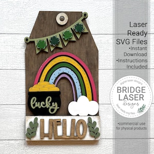St. Patrick&#39;s Day Door Hanger Sign Laser Cut File, Rainbow Pot of Gold Interchangeable Door Hanger SVG, Summer Porch Sign Interchangeable