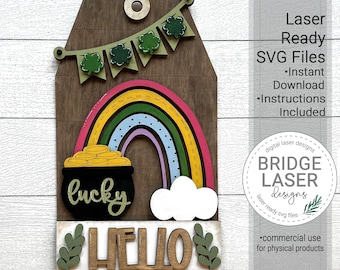 St. Patrick's Day Door Hanger Sign Laser Cut File, Rainbow Pot of Gold Interchangeable Door Hanger SVG, Summer Porch Sign Interchangeable