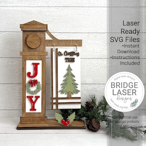 Small Farmhouse Christmas Laser Cut File, Christmas interchangeable Sign SVG, Laser Ready Interchangeable Post Sign, Joy Tree Laser File SVG