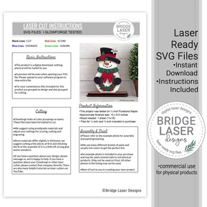 May include: A digital instruction sheet for laser cut SVG files featuring a snowman wearing a black top hat with holly, a green scarf, and holding a wreath. The document includes sections for basic instructions, cutting, and assembly.