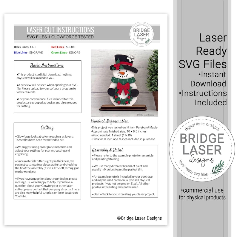 May include: A digital instruction sheet for laser cut SVG files featuring a snowman wearing a black top hat with holly, a green scarf, and holding a wreath. The document includes sections for basic instructions, cutting, and assembly.