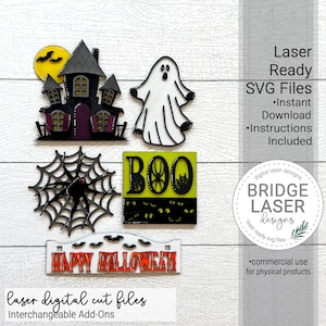 May include: A set of five laser cut Halloween SVG files. The files include a haunted house, a ghost, a spider web, a BOO sign, and a Happy Halloween sign. The files are designed for use with a laser cutter.