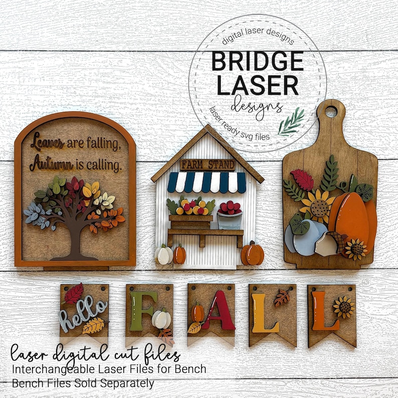 May include: Wooden fall-themed laser cut files. Includes a sign with a tree and the text "Leaves are falling, Autumn is calling", a farm stand, a cutting board with pumpkins and sunflowers, and the word "FALL".