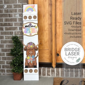 Lente veranda slanker teken lasergesneden bestand, Highland Cow verwisselbare veranda teken SVG, vakantie veranda slanker lasergesneden verwisselbare bord