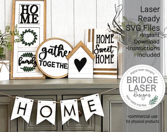 Farmhouse Laser Cut Files, Farmhouse Shelf Sign Bundle SVG, Farmhouse Laser Designs, Leaning Frame Laser File, Gather Home Sign Laser File
