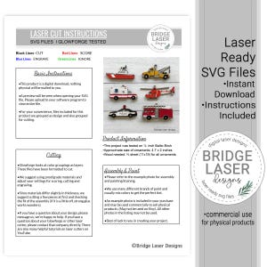 May include: A digital instruction sheet for laser cut SVG files featuring six wooden vehicle ornaments: a boat, tow truck, ambulance, helicopter, police car, and fire truck. The document includes text, color-coded cutting guides, and assembly notes.