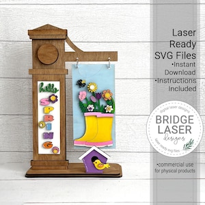 Plik laserowo wycinany do znaku wymiennego Spring, Spring SVG, Kalosze, Kwiaty, Domek dla ptaków, Hello Spring Słupek laserowo wycinany SVG