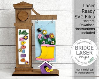 Spring Interchangeable Post Sign Laser Cut File, Spring SVG, Rain boots Flowers Bird House, Hello Spring Post Laser Cut SVG