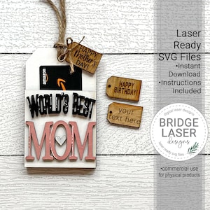 Archivo láser para portatarjetas de regalo de la mejor mamá del mundo para el Día de la Madre, portatarjetas de regalo SVG, archivo láser con etiqueta, portatarjetas de regalo para el Día de la Madre, personalizado