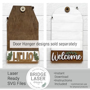 Puede incluir: Dos colgadores de puerta de madera, uno marr&oacute;n y otro blanco, con las palabras "Hello" y "Welcome" en ellos. Los colgadores est&aacute;n decorados con hojas verdes y est&aacute;n cortados con l&aacute;ser.