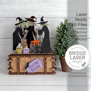 Halloween Shelf Sitter SVG, Halloween Witch Crate & Steamer Trunk Interchangeable, Glowforge xTool, Halloween Laser Files, Digital Download