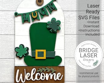 St. Patrick's Day Door Hanger Sign Laser Cut File, St Patrick Hat Interchangeable Door Hanger SVG, Spring Porch Sign Interchangeable Sign
