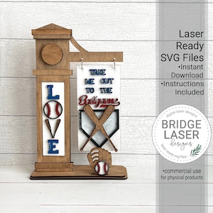 Archivo láser de signo de béisbol, archivo láser de signo de poste intercambiable de béisbol, láser de béisbol SVG, bate de béisbol de manopla de base local SVG