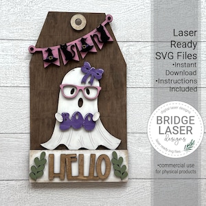 Halloween Door Hanger Sign Laser Cut File, Boo Ghost Interchangeable Door Hanger SVG, Fall Porch Sign Laser Cut Interchangeable Sign
