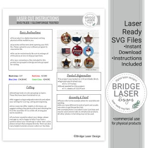 May include: A white document with laser cut instructions and SVG files. The document includes a variety of patriotic themed wooden cutouts, with the text "Laser Ready SVG Files" and "Instant Download Instructions Included". The approximate finished size is 3.5 x 3.9 inches.