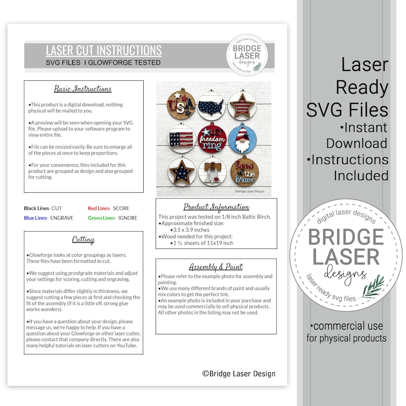 May include: A white document with laser cut instructions and SVG files. The document includes a variety of patriotic themed wooden cutouts, with the text "Laser Ready SVG Files" and "Instant Download Instructions Included". The approximate finished size is 3.5 x 3.9 inches.