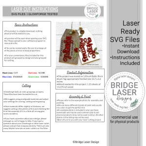 May include: A digital instruction sheet for laser-cut tags featuring text and two wooden tag examples. The tags display the phrases 'time of the year it's the most wonderful' and 'Merry Christmas' with holly accents, hanging from twine with wooden beads.