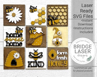 Bee Laser Cut Files, Honey Bee Interchangeable Frame SVG, Summer Laser Files, Bee Laser Files, Bee Laser SVG, Bee Squares Laser Files
