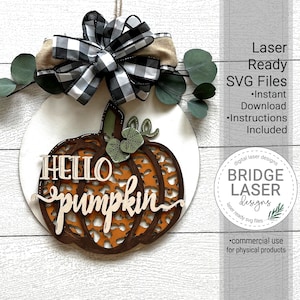 Fall Pumpkin Door Hanger Laser File, Leopard Pumpkin Laser Cut Design SVG, Hello Pumpkin Welcome Sign Laser File, Animal Print Pumpkin Sign