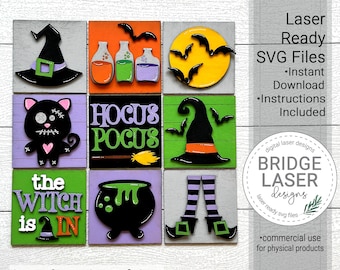 Halloween Laser Files, Halloween Squares Leaning Sign Bundle, Witch Laser Files, Halloween Laser SVG, Halloween Laser Cut Files, Download