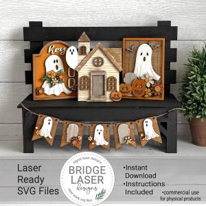 May include: Wooden Halloween decorations featuring ghosts, pumpkins, and flowers. The display includes a house, a sign that says "hey", and a banner with ghost cutouts. The decorations are on a black bench. The image also includes the text "Laser Ready SVG Files".