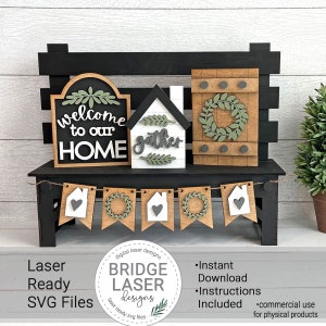 Fichier découpé au laser de ferme, Bienvenue dans notre maison signe de banc interchangeable, fichiers de ferme laser SVG, signe de bienvenue SVG, couronne de signe laser SVG