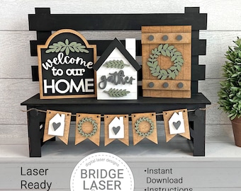 Farmhouse Laser Cut File, Welcome to our Home Interchangeable Bench Sign, Farmhouse Laser Files SVG, Welcome Sign SVG, Wreath Sign Laser SVG
