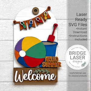 Zomer strand deurhanger bord lasergesneden bestand, strandbal verwisselbare deurhanger SVG, zomer veranda bord lasergesneden verwisselbaar bord