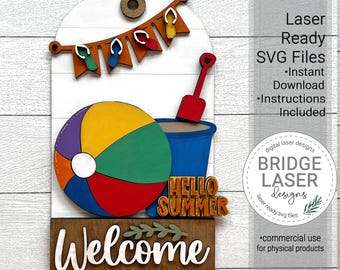 Summer Beach Door Hanger Sign Laser Cut File, Beach Ball Interchangeable Door Hanger SVG, Summer Porch Sign Laser Cut Interchangeable Sign