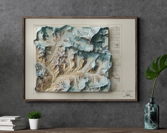 MOUNTAIN EVEREST Vintage 3D Shaded Relief Historic Map in 1957