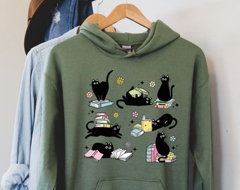 Cat And Book Hoodie, Kid Boy Girl Toddler Hoodie, Cat Hoodie, Cat Halloween, Birthday Gift, Gift For Mom, Cat Halloween, Back To School,
