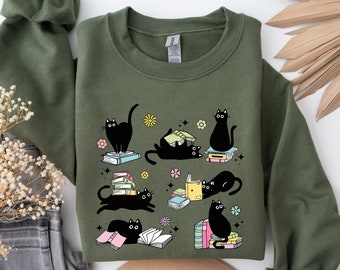Cat And Book Sweatshirt, Kid Boy Girl Toddler Sweat, Cat Sweat, Cat Halloween, Birthday Gift, Gift For Mom, Cat Halloween, Back To School,