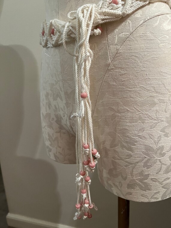 1960s White Cotton Macrame Belt With Pink Beads. - Gem