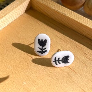 Hand-painted Tulip Stud Earrings | Folk Art Earrings | Black and White Studs | Scandinavian and Pennsylvania Dutch Earrings