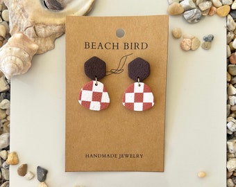 Terracotta and White Checkered Dangles with Brown Studs