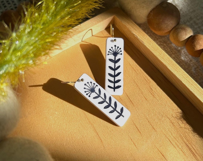 Hand-painted Milkweed Earrings | Folk Art Earrings | Black and White Dangles | Scandinavian and Pennsylvania Dutch Inspired Jewelry