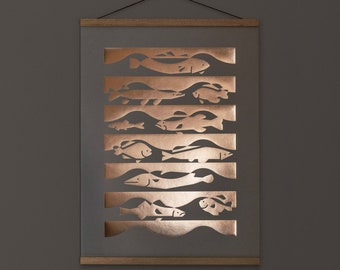 Art print interior accent gift, copper foil, gray, 18 X 24
