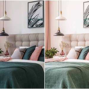 May include: A bedroom with a green and white bedspread, a white headboard, and two black and white pendant lights hanging from the ceiling. There are several pillows on the bed, including a pink pillow, a gray pillow, and a green pillow. There is a small table next to the bed with a vase of flowers on it.